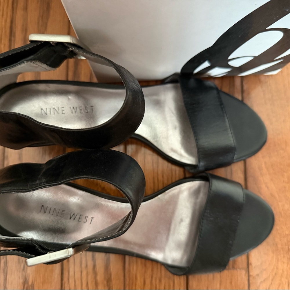 Nine West Black Leather Wedge Sandals with Buckle Accent - Picture 4 of 8